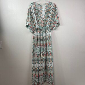 World Market Womens Ikat Print Maxi Dress L/XL Teal Orange V-Neck Tassel Boho